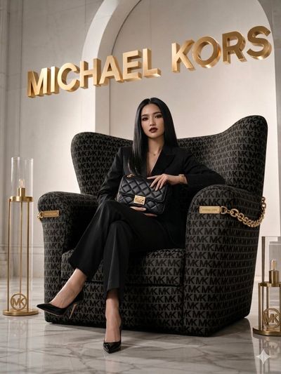A confident woman in a black pantsuit poses in a monogrammed armchair