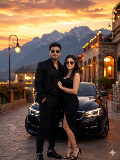 A stylish couple poses by a luxury car at sunset.