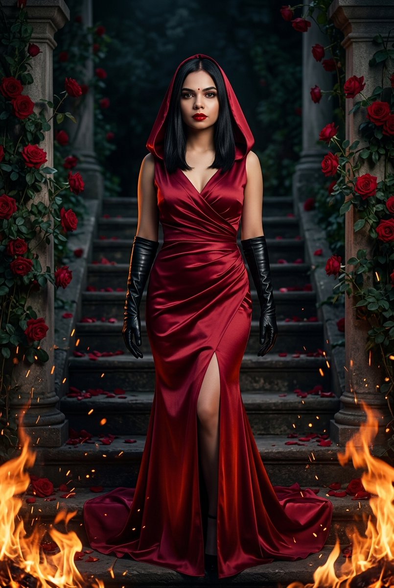 Crimson Queen Descends Stone Stairs Through Rose and Flame