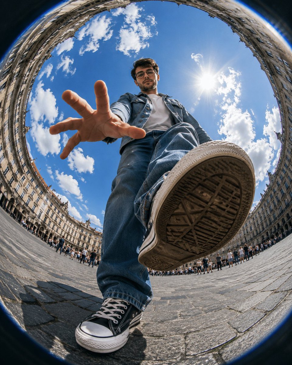Young man strides over a fisheye lens in a sunlit European square