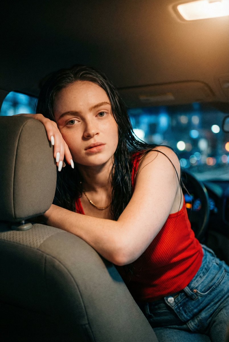 Nocturnal Elegance: Sadie Sink & Margot Robbie in the Car