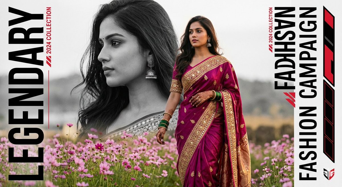Indian model walks through pink cosmos in magenta saree