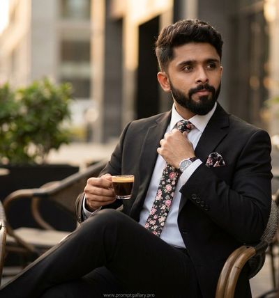 Sophisticated gentleman in black suit enjoys espresso at café terrace