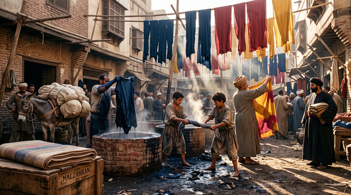 Master dyer lifts indigo cloth in Cairo's morning light