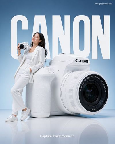 Young woman leans against giant white camera in minimalist ad