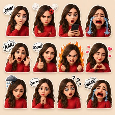 A Pixar-style sticker pack shows a person in a red sweatshirt