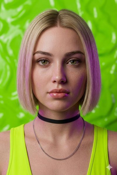 A woman with a blonde bob and pink highlights wears a lime green top