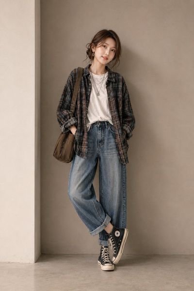 Model leans against wall in oversized plaid flannel shirt
