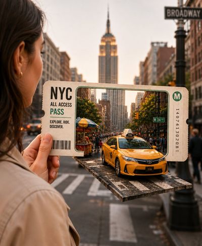 A hand holds a vintage ticket revealing a miniature NYC street scene.