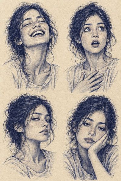 Ink Portrait Grid Captures Four Emotions on Aged Cream Paper