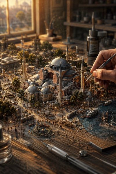 A craftsman assembles a miniature Eiffel Tower on a rustic wooden table