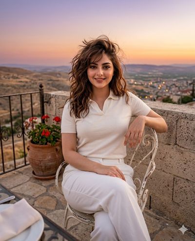 Young woman in white polo sits on terrace at sunset