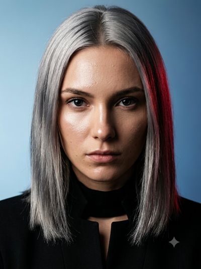 Woman with titanium hair stares intensely in dramatic studio light