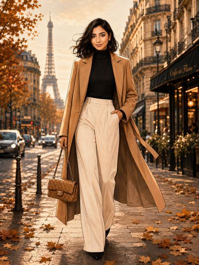 A woman in a camel coat walks through autumn Paris streets.