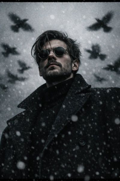 Stoic Figure Amid Fog and Flock
