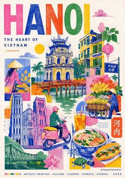 A vibrant risograph travel poster for Kyoto with temples and cherry blossoms