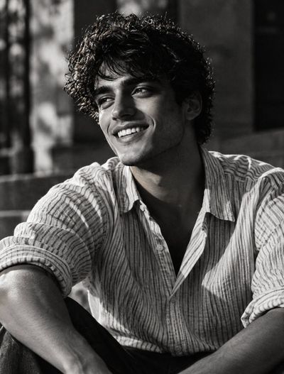 Sunlit Laughter on City Steps in Monochrome Editorial Portrait