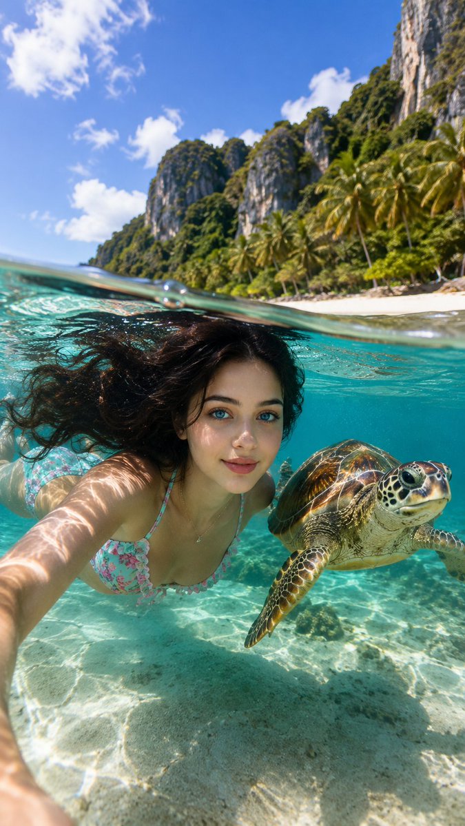 A joyful woman swims beside a sea turtle in turquoise water