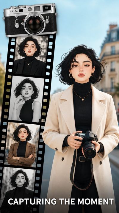 A stylish female photographer poses on a sunlit European street