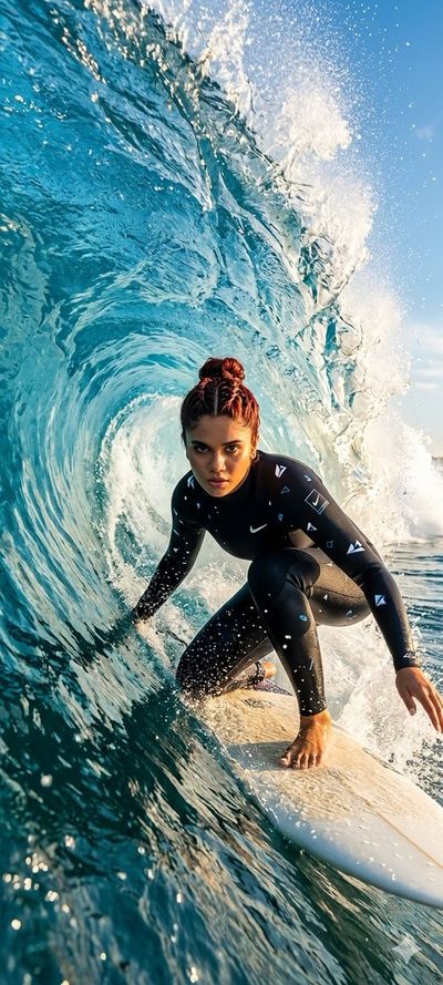 A focused surfer rides inside a golden-lit crystal barrel wave