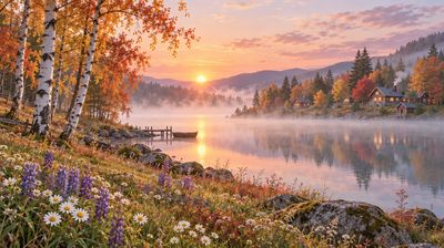 Serene lakeside sunrise with pastel mist and autumn birch trees