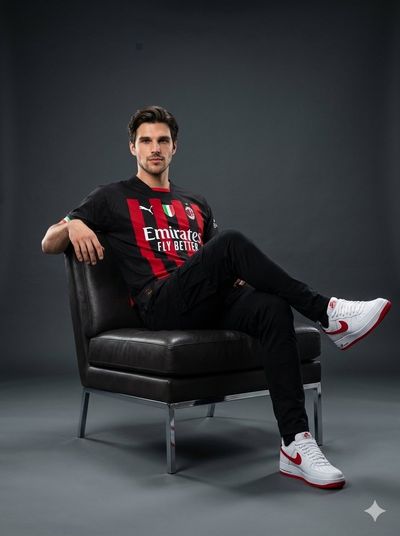 AC Milan star poses confidently on designer chair in studio