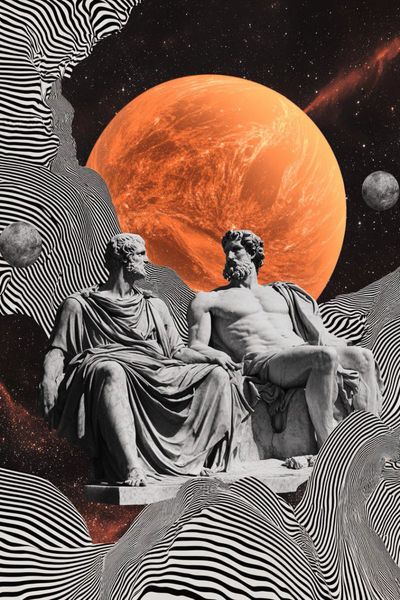 Plato and Aristotle float through cosmic nebulae in deep space