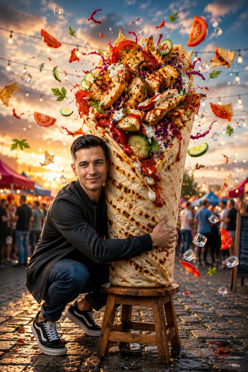 A gray-haired man hugs a giant shawarma wrap on a cobblestone street.