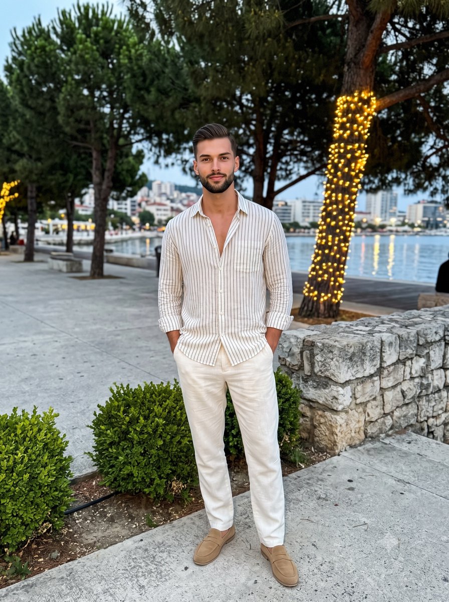 Man in striped shirt stands confidently on evening promenade
