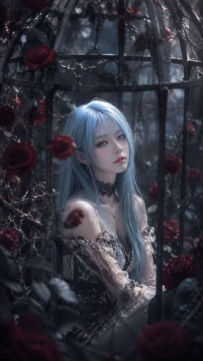 A melancholic man in a rose cage under moonlight