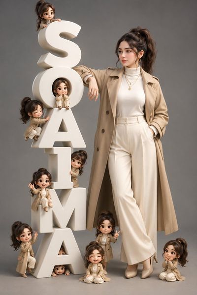 Soaima leans against giant white letters in a fashion poster