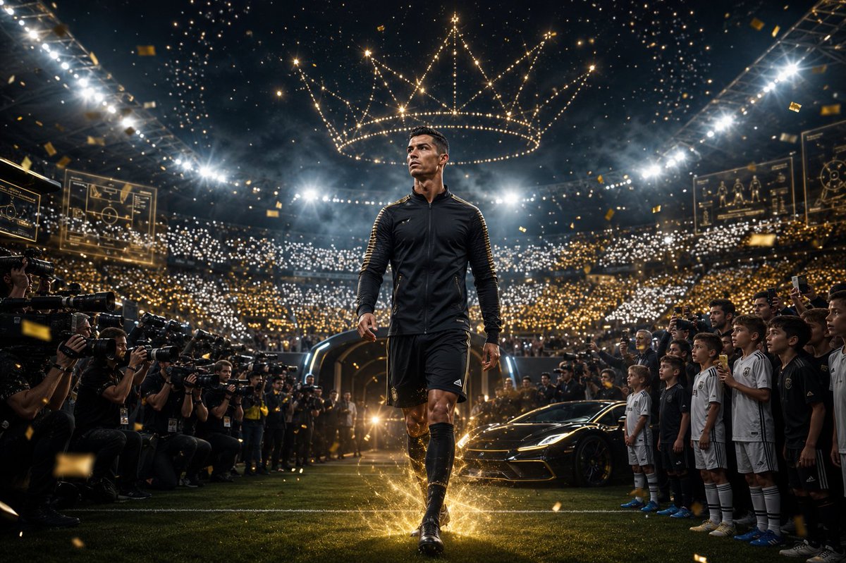 Ronaldo stands in a futuristic stadium beneath glowing CR7 drones.