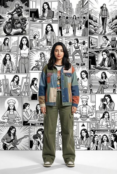 A realistic portrait stands before a manga collage of alternate selves