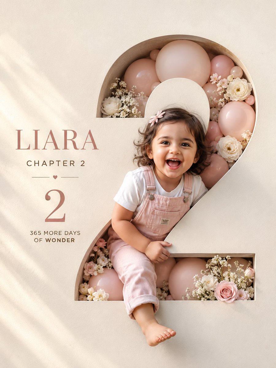 Child emerges laughing from carved number in luxury birthday poster.