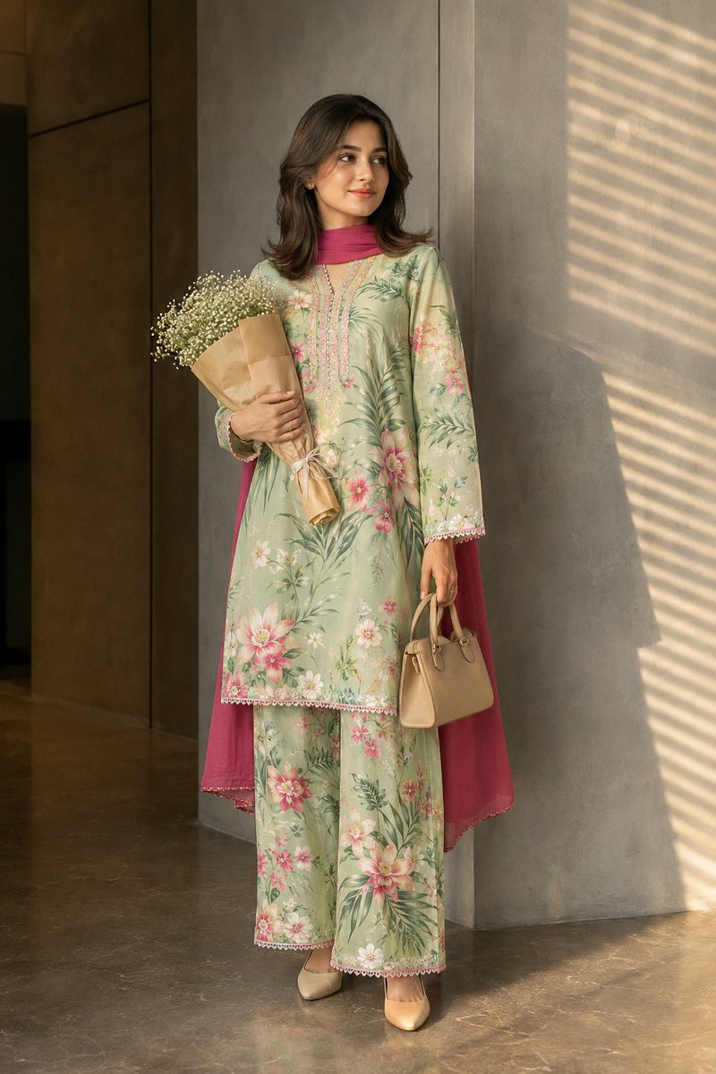 Young woman in floral green outfit poses by sunlit gray wall