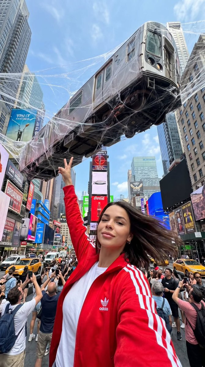 Woman captures a suspended subway train in Times Square selfie