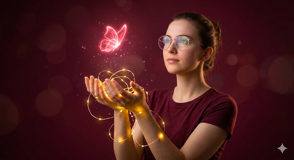 A woman with silver glasses cradles a neon butterfly in her hands