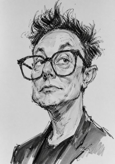 Energetic ink caricatures capture Elon Musk and Donald Trump
