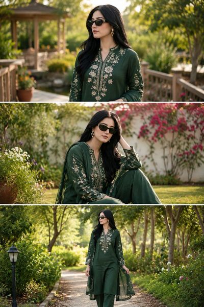 A model in forest green salwar strolls through a botanical garden
