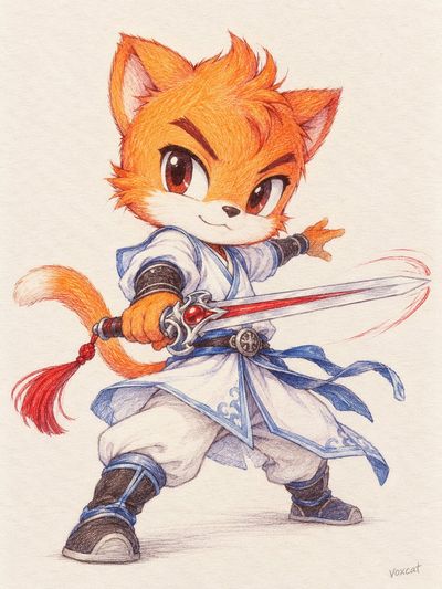 Chibi character drawn with multicolor ballpoint pen on textured paper