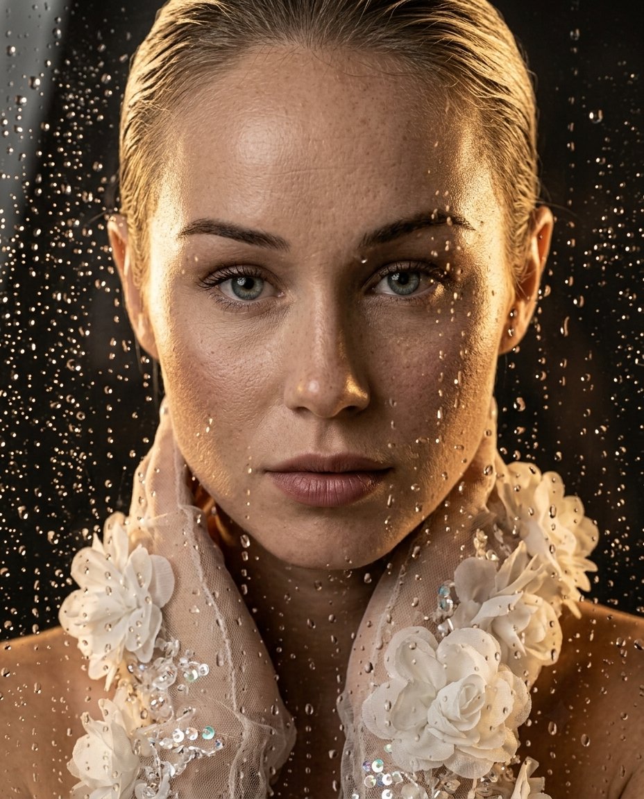 Young woman behind rain-streaked glass with golden glow and tulle gloves