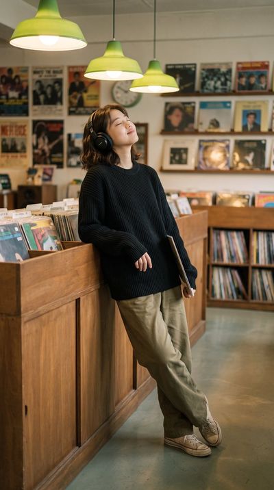 She leans on wooden bins in a warm record store, eyes closed.