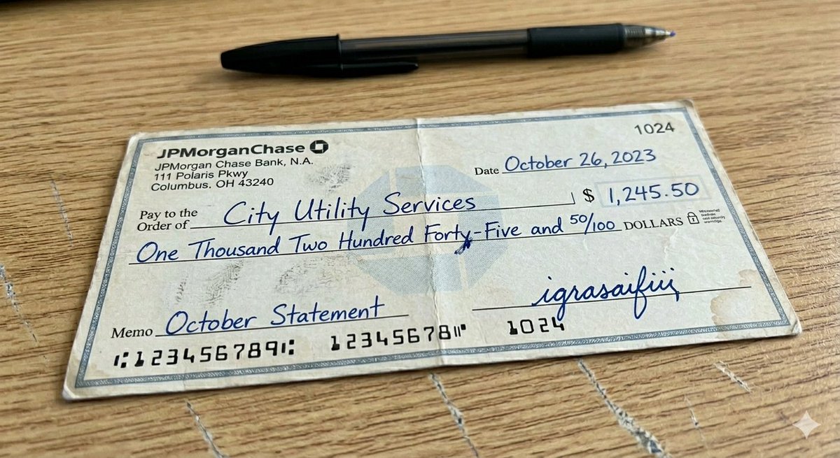 Weathered Bank Check on a Wooden Desk