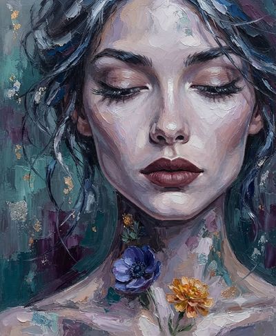 Contemplative Woman in Impasto Oil with Closed Eyes and Gold Flakes