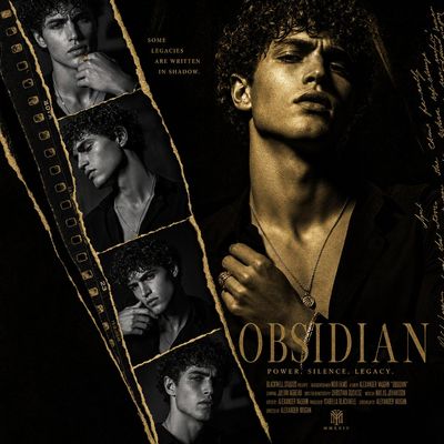 Curly-haired model in gold monochrome with dramatic shadows