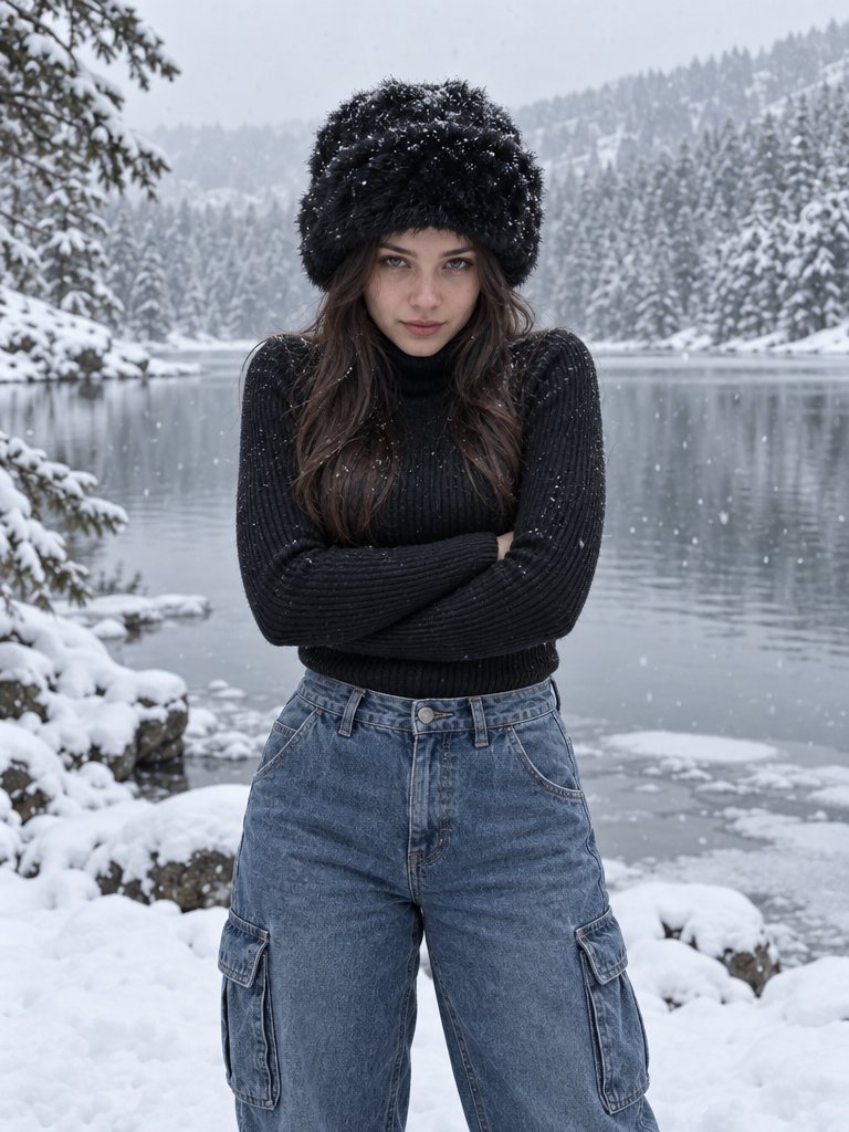Woman in black turtleneck stands amid snowy forest by lake
