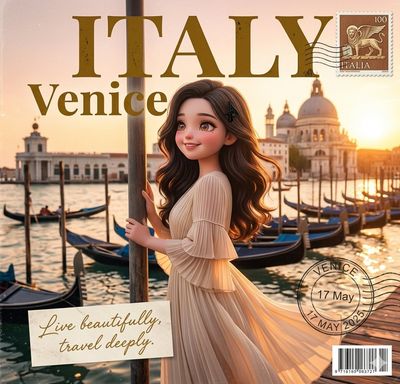 A Brunette Woman Smiles on a Venetian Dock at Golden Hour