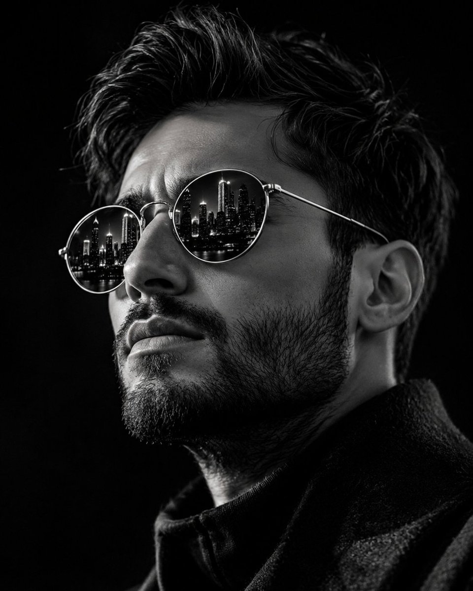 A confident man in silver sunglasses reflects a city skyline at night