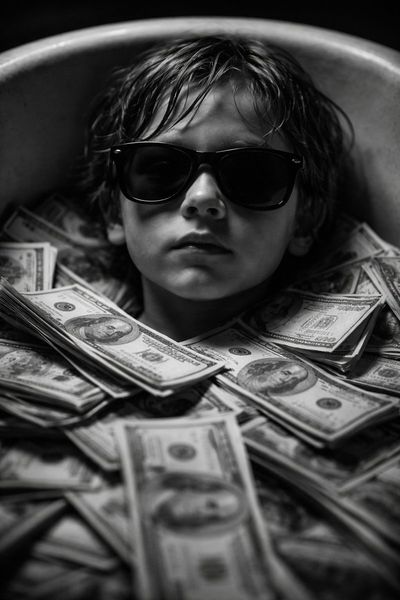 Monochrome Cinematic Close-Up: A Child's Dream Amidst Riches