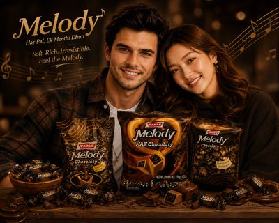 A handsome couple shares Melody toffees in a cozy café.